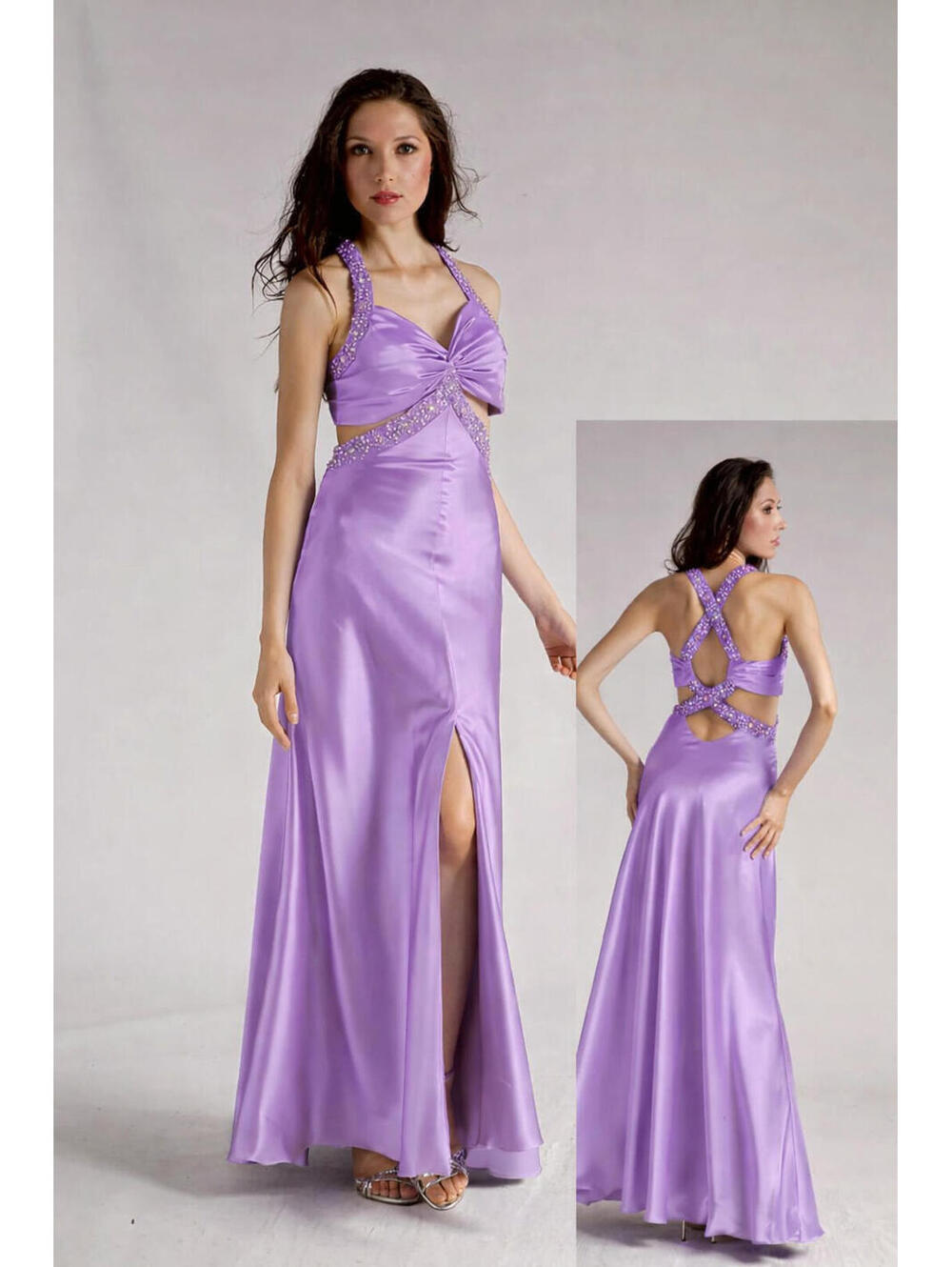 Lilac Satin Evening Gown Beaded Halter Open Back Slit Formal Prom Elegant sz 10